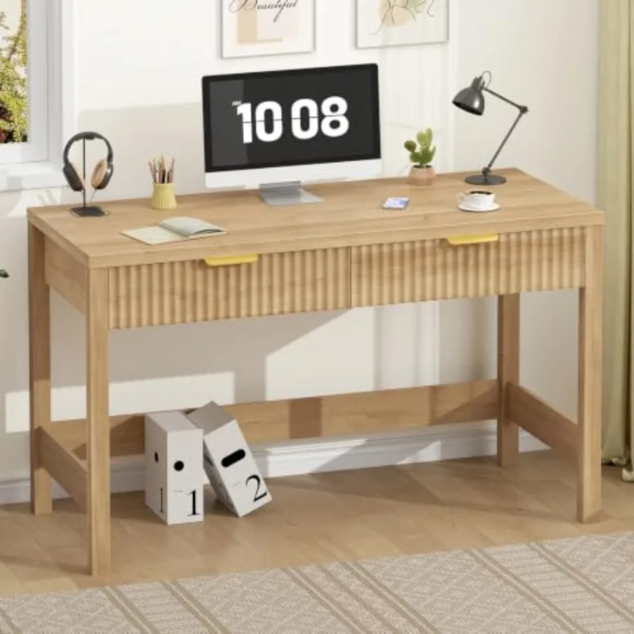 47 Inch Small Fluted Computer Desk with 2 Drawers for Bedroom, Home Office: MDF Wood, White, Space-Saving Design