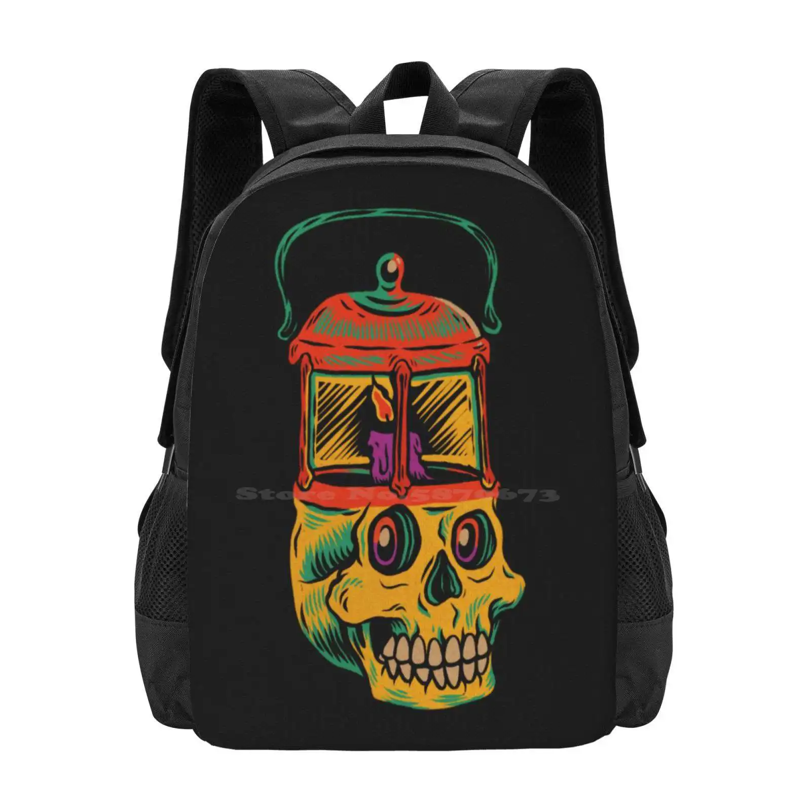 Candle Holder Skull School Bags For Teenage Girls Laptop Travel Bags Happy Skeleton Halloween Pumpkin Skull Fire Candle Scary