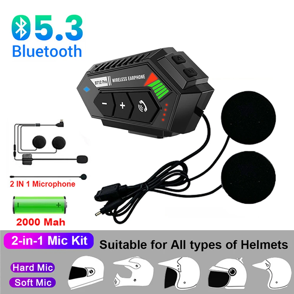 2000mah Motorcycle Helmet Headset Bluetooth 5.3 EDR Wireless Headphone Earphone IP6 Waterproof Noise Reduction Voice Control