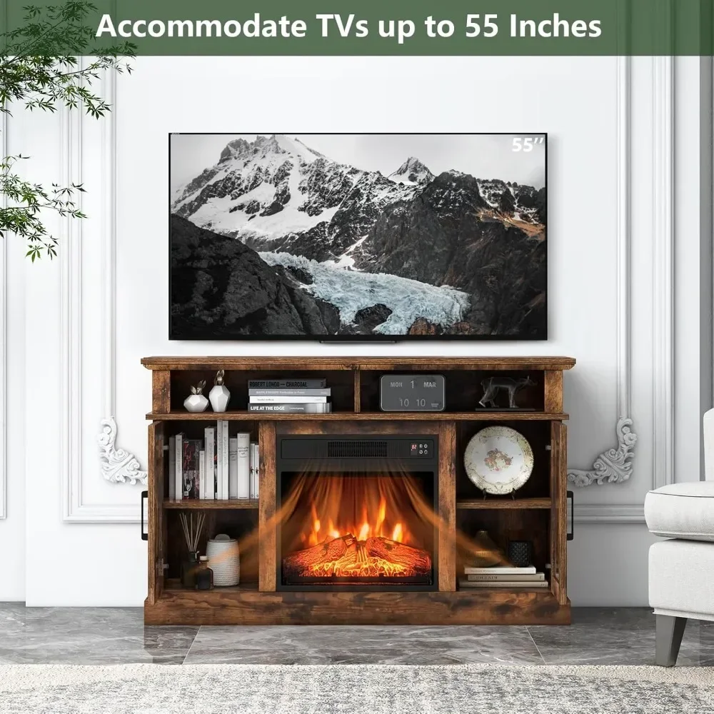 55 TV, 48 Inch Tv Stand with 18 Inch Electric Fireplace Heater, Mondern Tv Console w/Cabinets & Doors, 6H Timer & Remote Control