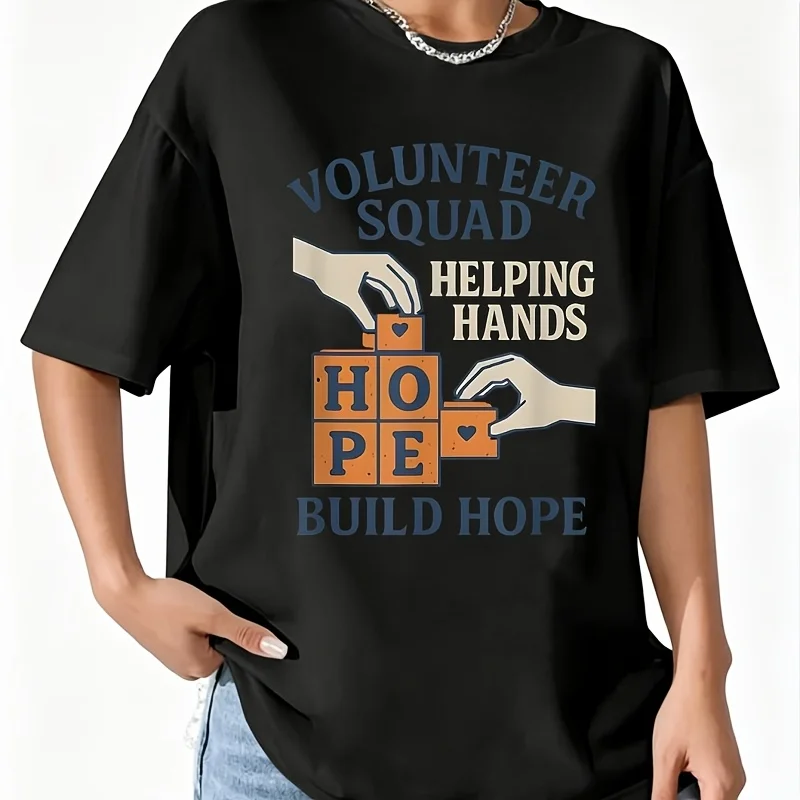 Helping Hands Build Hope Volunteer Squad Women's T-Shirt 100% Cotton Fun Print Short Sleeve Top Casual Round Neck Tee S-5Xl