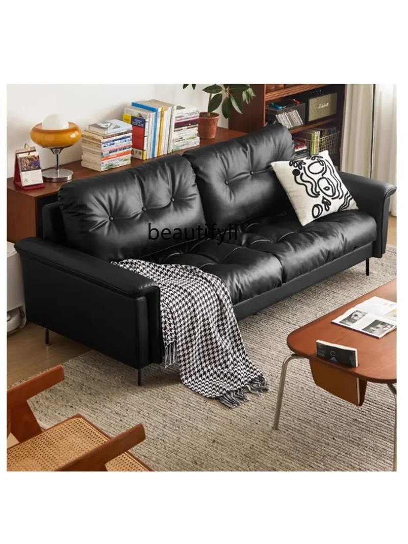 07Leather Sofa Modern Living Room Black Retro Straight Row Three Super Soft Wide Sitting Deep Sofa