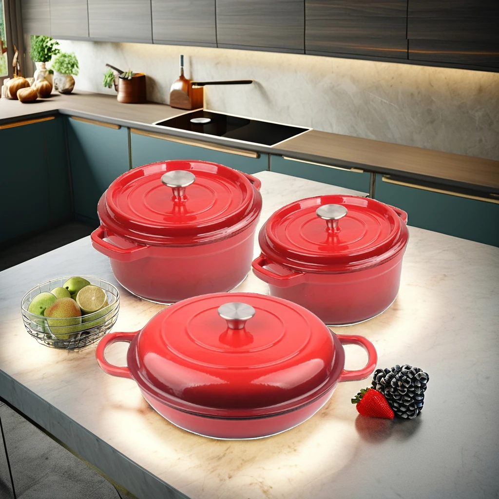 3-Piece Enameled Cast Iron Cookware Set Custom Colors Dutch Oven Safe Non-Toxic Metal  Round Cassroles Buffet Casseroles