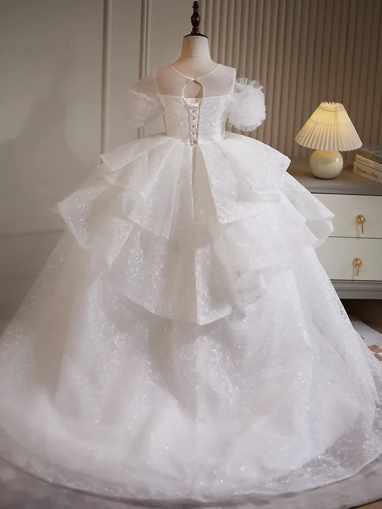 Kinder Weihnachten Party Prinzessin Kleid weiße Hochzeit Blume von der Schulter nachlaufen Kleid für Mädchen Spitze Perlen zeigen Luxus Ballkleid