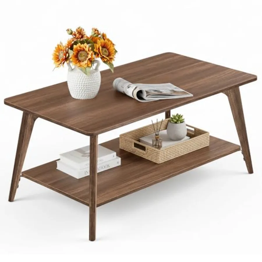 

MAEZO Coffee Table 2-Tier Center Table with Storage Tapered Legs Curved Transitions Chestnut Brown Easy Assembly Living Room Us