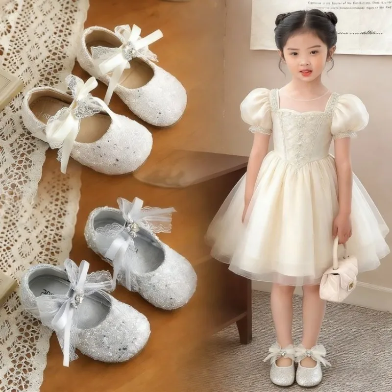 

Весенне-осенние женские модные туфли 2026 года в новом стиле с кружевом и бантом - Детские туфли без каблука - Повседневные туфли «Принцесса»