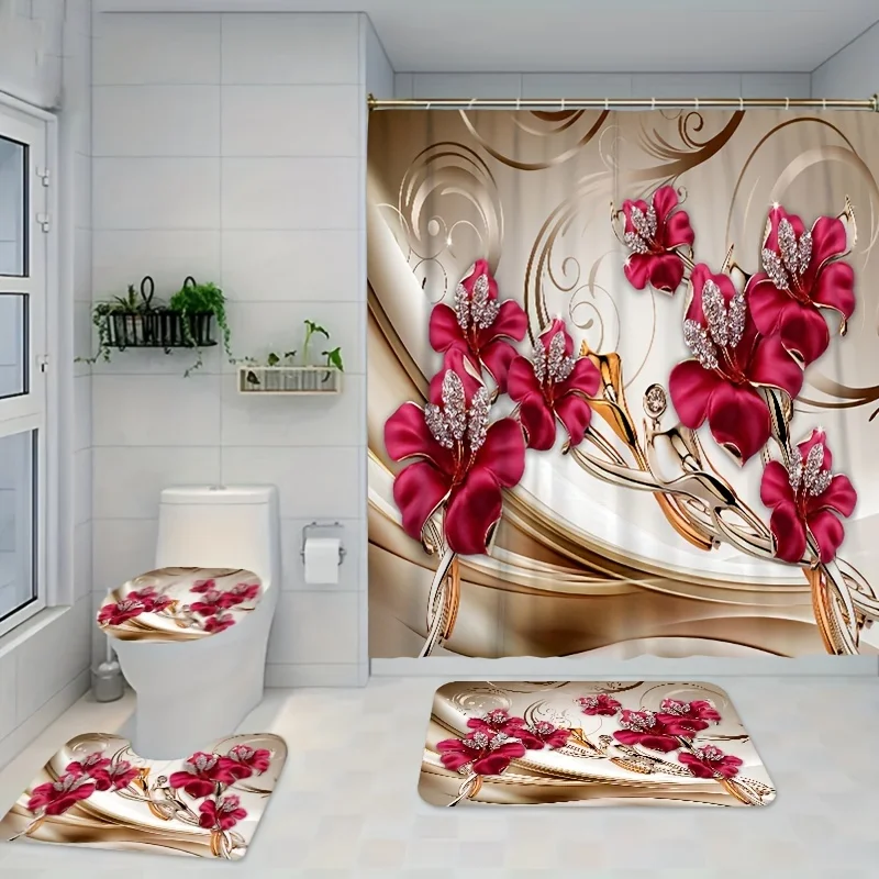 4pcs Diamond Floral Pattern Shower Curtain Set, Waterproof Bathroom Partition Curtain With Hooks, Non-Slip Bath Rug, Toilet