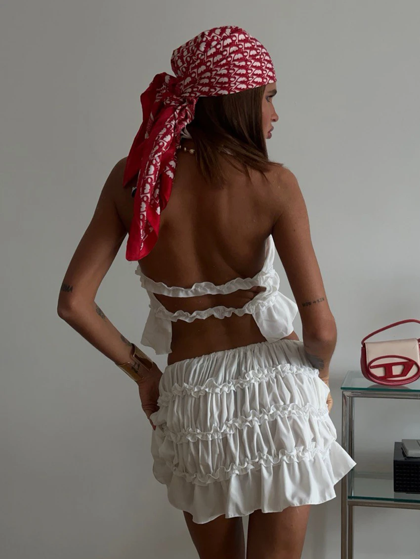 Marthaqiqi Summer Women Pajamas Suit Halter Sleepwear Backless Nightwear Sleeveless Nightgowns Skirts Ladies 2 Piece Nightie Set