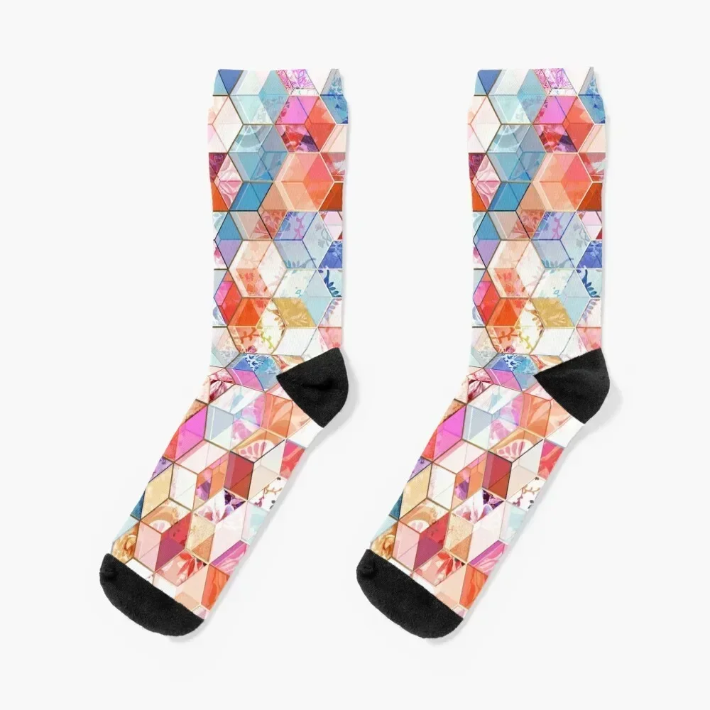 

Coral, Cream and Cobalt Kaleidoscope Cubes Socks basketball funny gift compression Girl'S Socks Men's