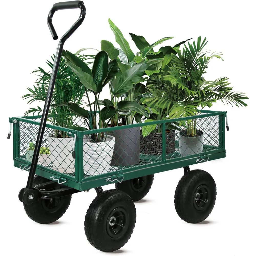 

garden cart with wheels, garden wagon with removable sides, heavy duty yard lawn carts, 780 lbs capacity, green