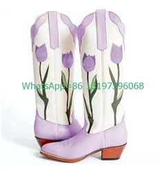 Lady elegant light purple chunky heel Knee high cowboy boots pink causal new arrive cowboy punk flower printed knee boots size