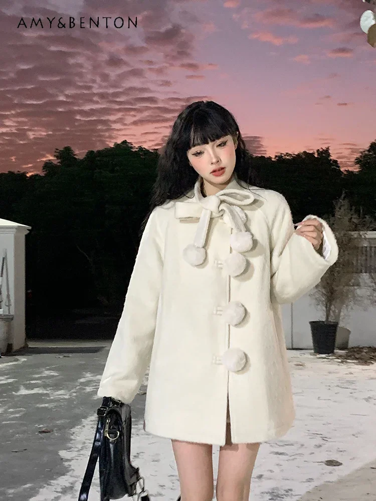 

Sweet Bowknot Lace Up Woolen Cape Coats for Women Winter Thicken Cute Fur Ball Single Breasted Kawaii A-line Slim Wool Coat