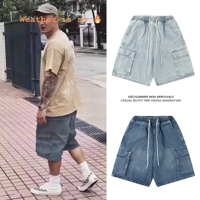 

Summer Trendy Men's Workwear Denim orts Loose Straight Leg Big ket Five-Quarter Casual Japanese Sle Jeans Cotton Fabric
