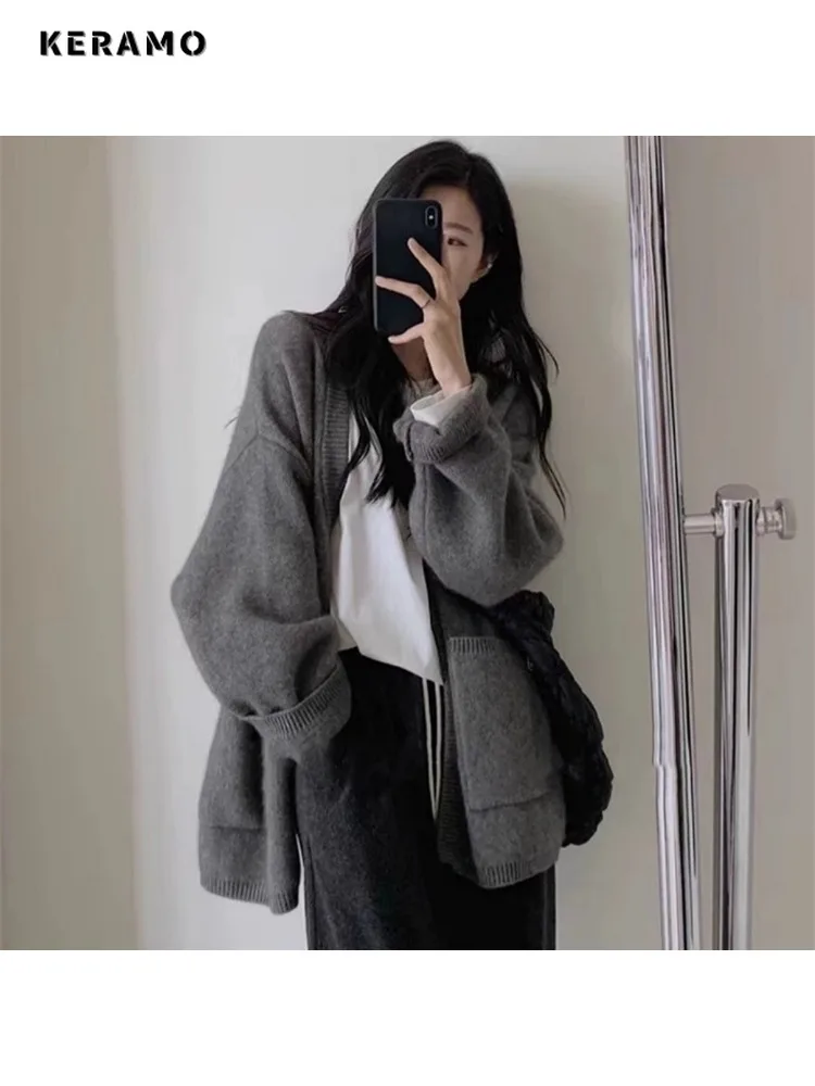 Casual Single Breasted Sweater Women Knitting Solid Oversized Jumpers Vintage Fashion Long Sleeve V-neck Loose Fit Cardigans
