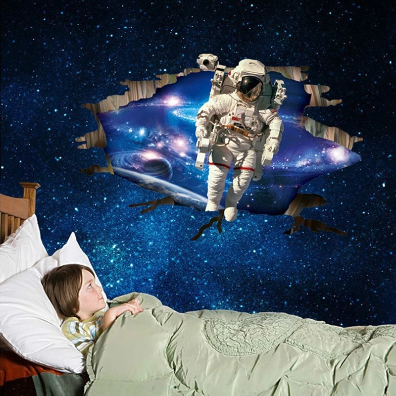 Space Astronaut Broken Wall Art Vinyl Mural Stickers Home Decoration for Kids Room Roof Cosmic Star Planets Ceiling Wallpaper