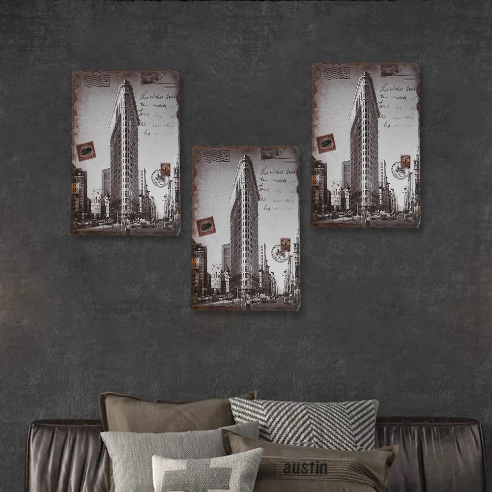 Urban Architecture Skyscrapers Tin Painting Fashionable Modern Home Wall Hanging Crafts Creative Ornaments