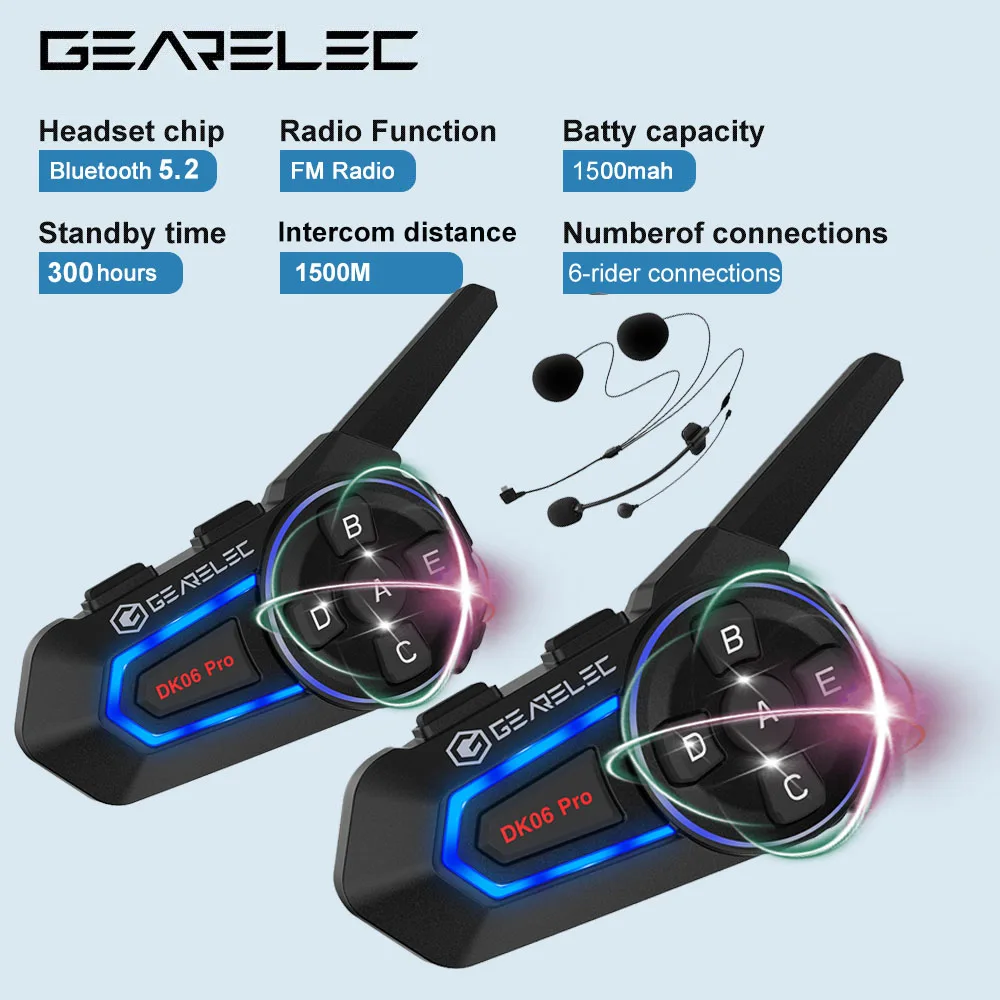 GEARELEC DK06 PRO Motorcycle Bluetooth Headset 2 Riders 1500M Intercom Bluetooth 5.2 Helmet Communication Headset FM Radio GPS