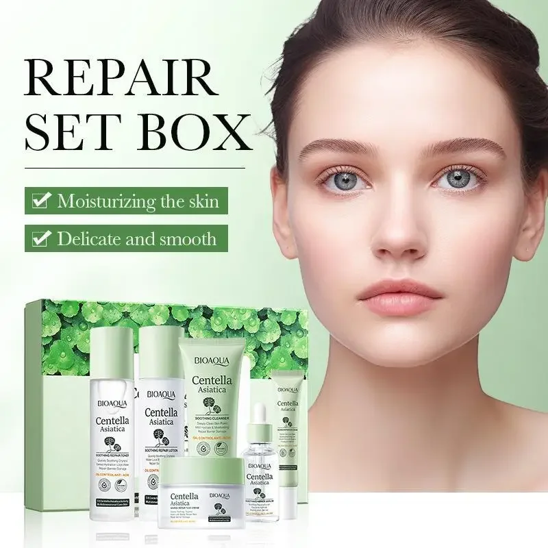 6 in 1 New Face Skincare Gift Kit Natural Organic Plant Extract Centella Vitamin C Serum Soothing Repairing Women Skin Care Set