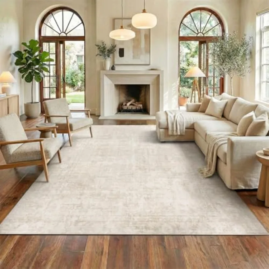 

Washable 8x10 area rug for living room bedroom dining room vintage faux wool beige indoor carpet with non-slip backing and fold