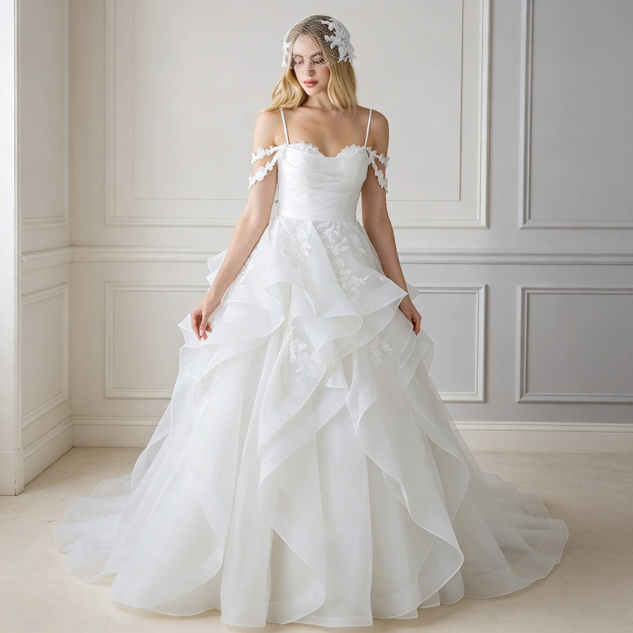 

Organza Ball Gown Wedding Dress Draped Bodice Lace Sweetheart Neckline Off The Shoulder Cascading Ruffle Skirt Customizable