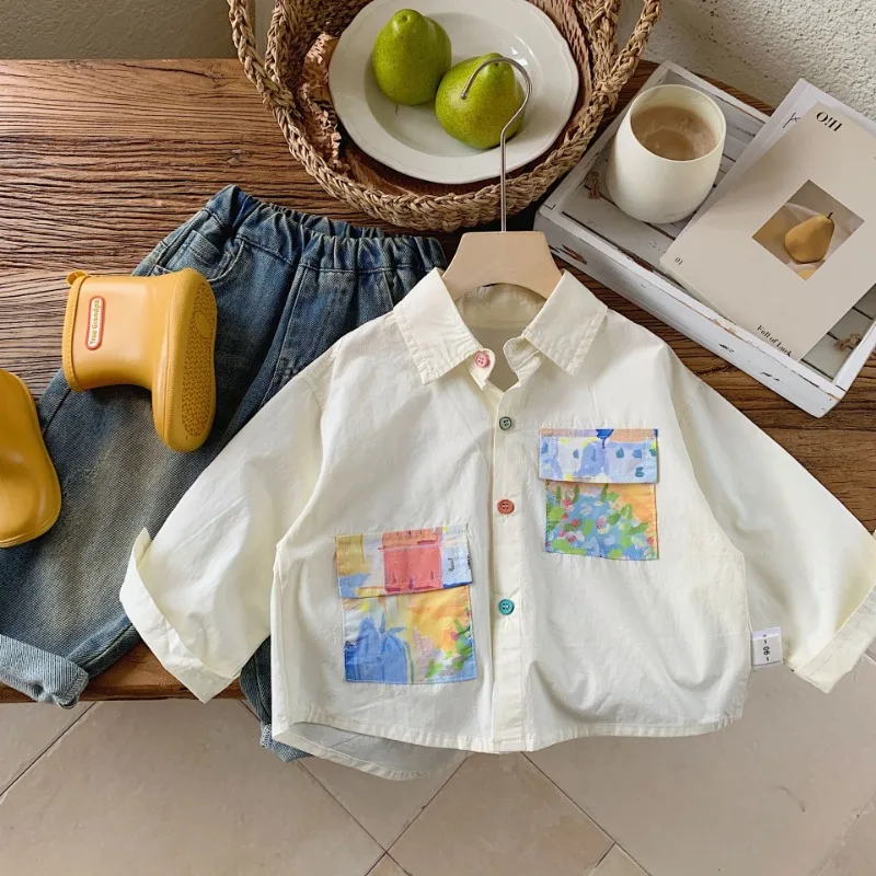 2024 Summer Kids Colorful Painting Long Sleeve Shirts Boys Pure Cotton Thin Shirt Turn-Down Collar Tops