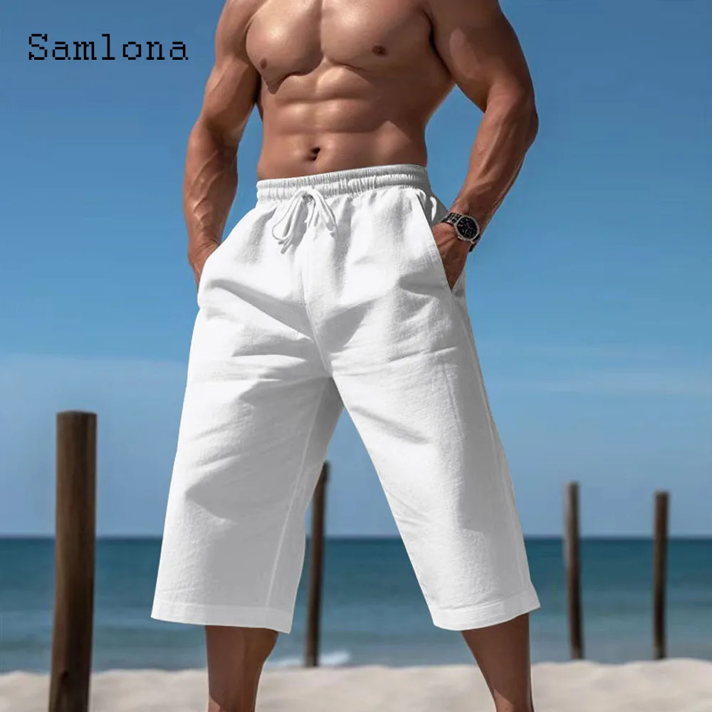 

Mens Vintage Calf-Length Pants 2024 European Style Casual Stand Pocket Beach Hotpants Solid White Khaki Soft Drawstring Pants