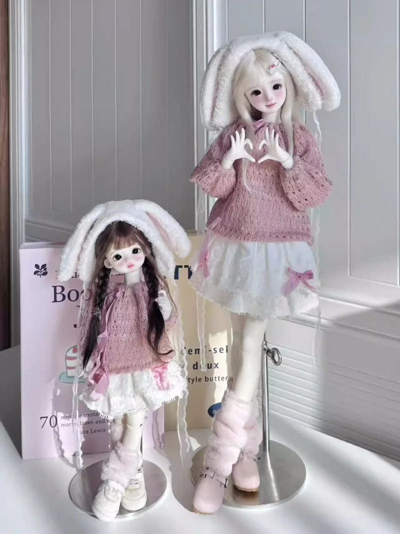 

BJD doll clothes suitable for 1/4 1/6 size with long-sleeved top featuring rabbit ears and white skirt set doll accessories