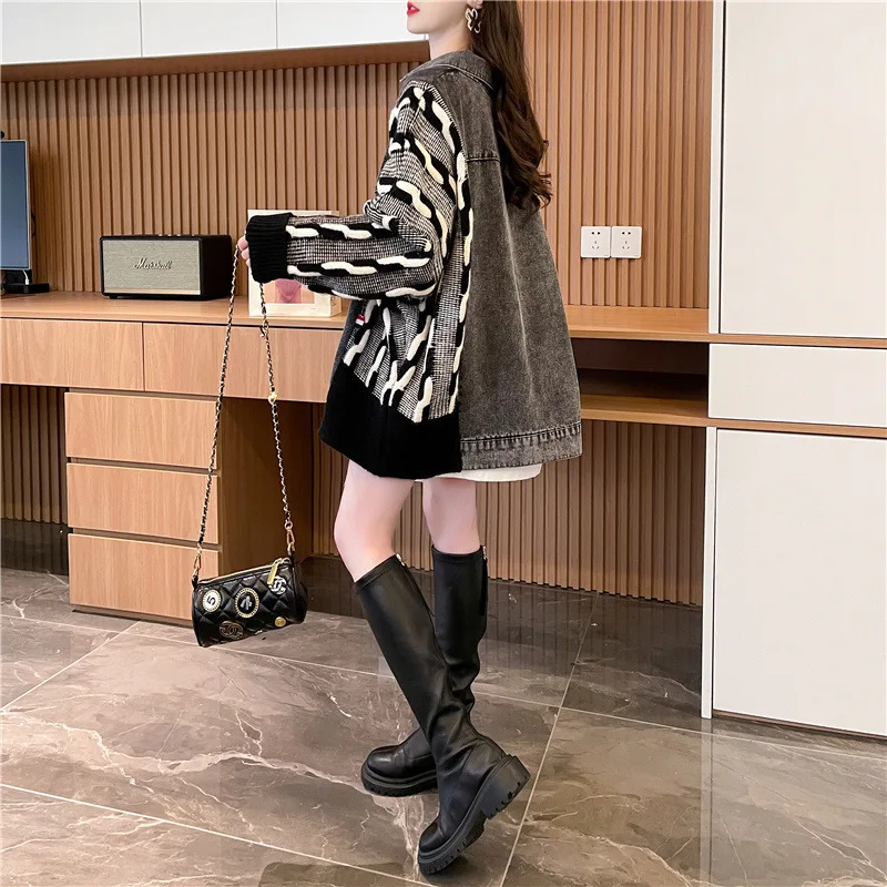 #4033 False Two Piece Cardigan Coat Women Batwing Sleeve Streetwear Knitted Spliced Denim Sweater Coat Female Loose Thick Warm