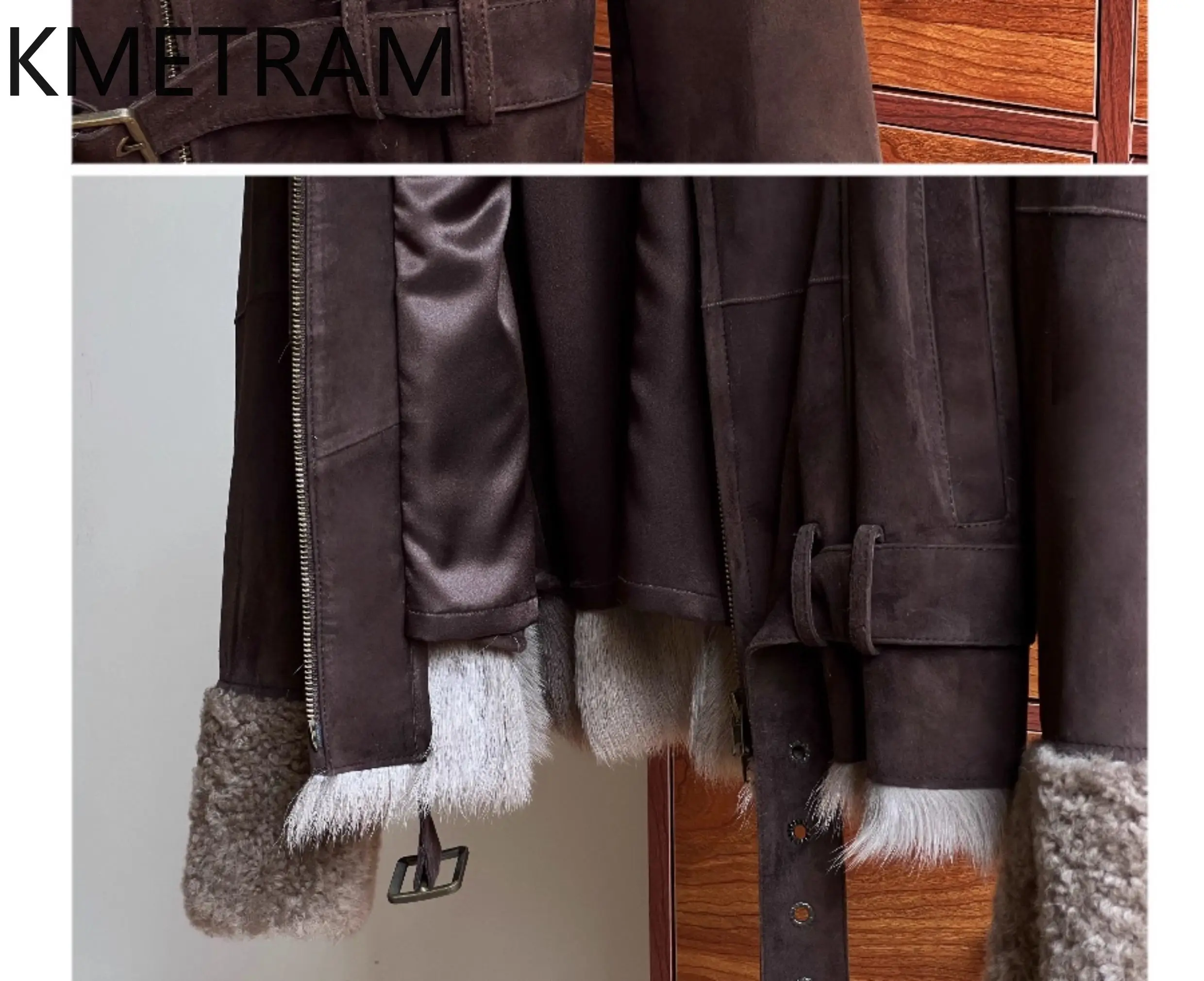 معطف فرو من صوف الماعز الطبيعي من KMETRAM معطف نسائي للتخسيس وبني عميق ملابس خارجية قصيرة سترة شتوية 2025 duбlenка vrouwska