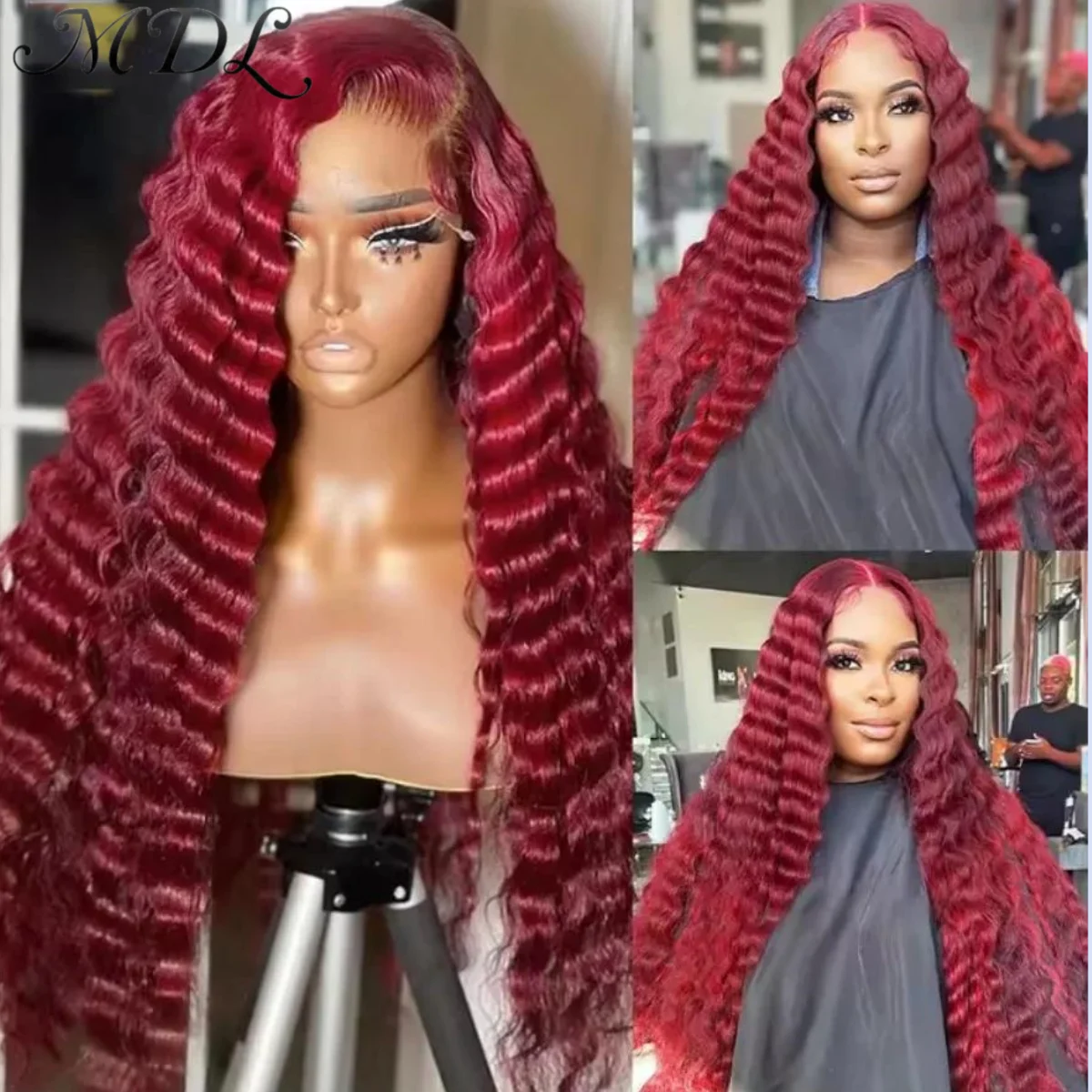 MDL 100% Remy Human Hair 13x4 HD Lace Front Frontal Wig for Women Pre Pulcked Deep Wave 99J Burgundy