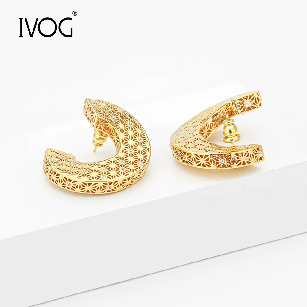 IVOG Openwork Geometric Hoop Earrings Women Zircon Starry Design Party Wedding Pendiente Boucle D'oreille Luxury Trendy Jewelry
