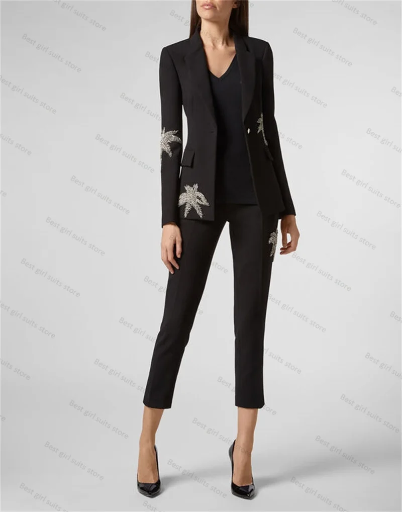 Blazer 1 pièce imbibé de cristal noir pour femme, dame de bureau formelle, mère d'invité, veste, manteau, tenue d'automne, robe de Rh, sur mesure