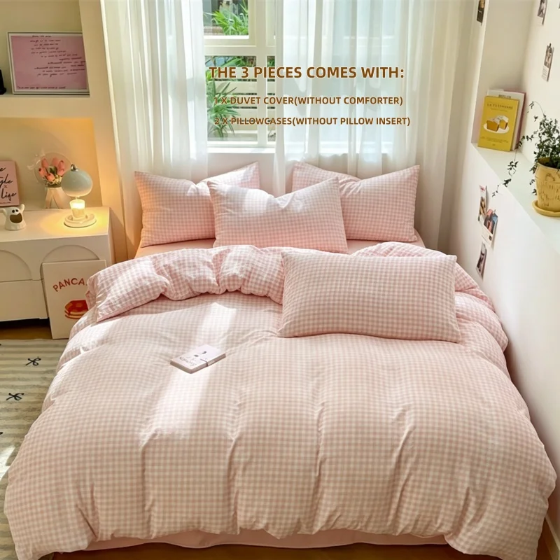 3pcs Plaid print Duvet Cover Set (1*Duvet Cover + 2*Pillowcase, Without Core),soft fabricBedding Set