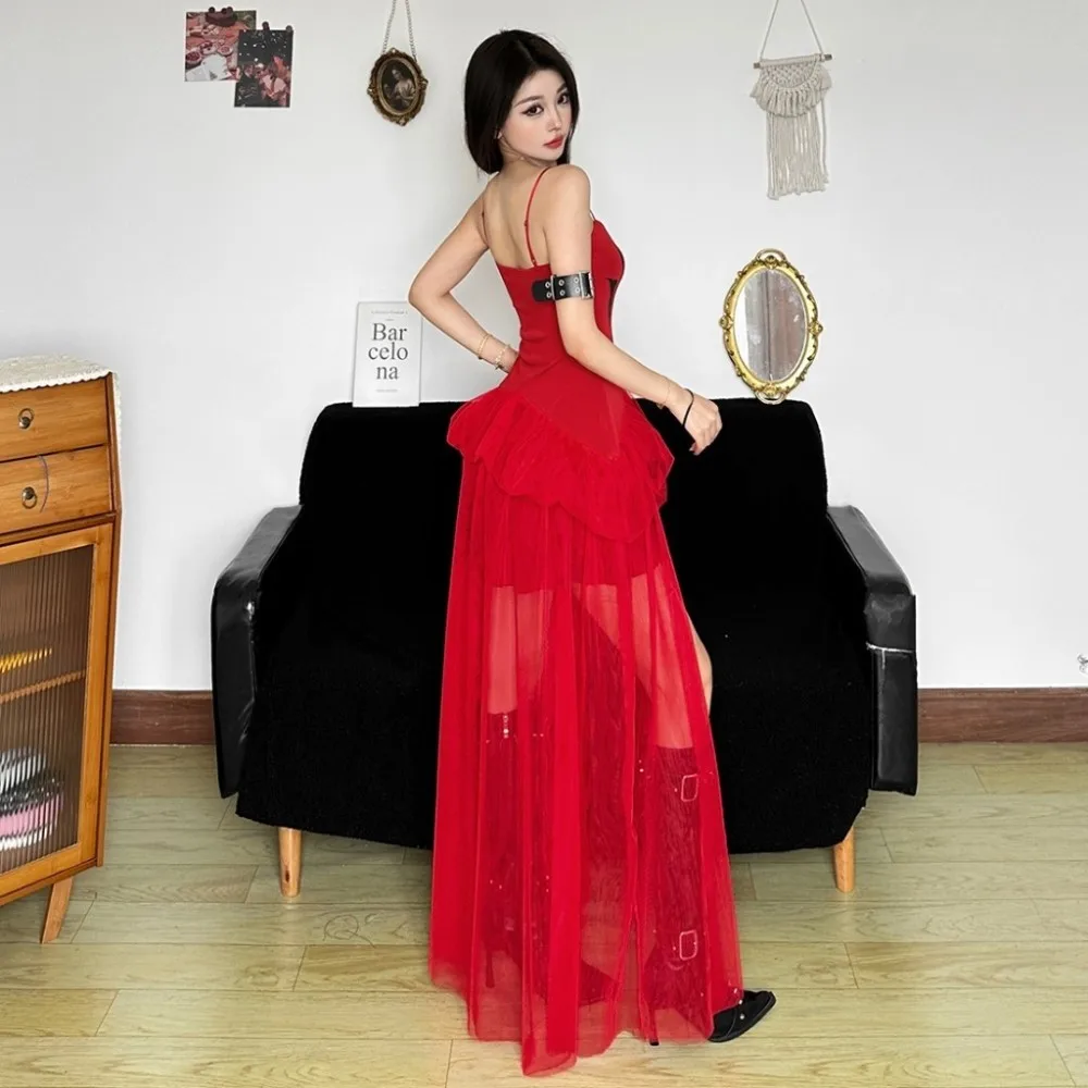 SylCue-Vestidos largos con estampado de flores para mujer, Vestidos elegantes con tirantes finos y cuello bajo, malla sin espalda, dobladillo de retales, fiesta de graduación de medianoche