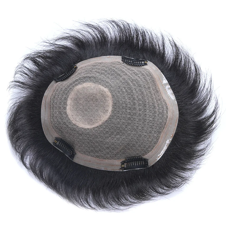 Men's Wig Swiss Lace Human Hair Toupee Durable Handmade Capillary Prosthesis Indian Human Remy Hair Clips Replacement System