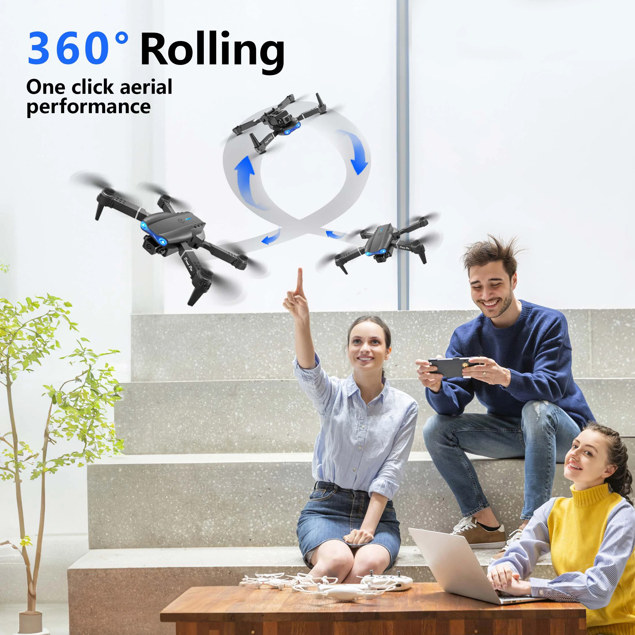 FACEGLE [Portable Drone Set] E99 Dual Camera Drone, Dual Camera - Horizontal and downward shooting, one click control, 360 ° stunt roll, Headless Mode, LED lights, protective frame, Foldable quadcopter, Beginner Drone, Birthday/Festival Gift
