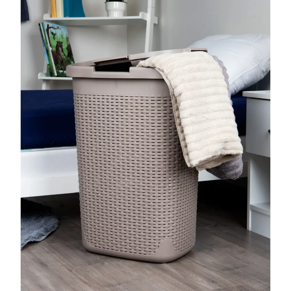 60 Liter Laundry Basket with Cutout Handles & Lid, Brown Metallic,10.10 X 14.25 X 24.00 Inches