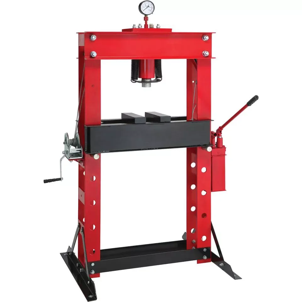 Prensa manual hidráulica multifunción para taller, capacidad de 50 toneladas, peso neto de 28 a 160 kg, con manómetro.