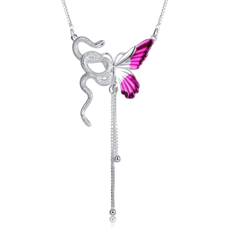 قلادة على شكل ثعبان خرافية نصف فراشة، قلادة للخريف والشتاء، سلسلة الترقوة المخصصة باللون الأزرق