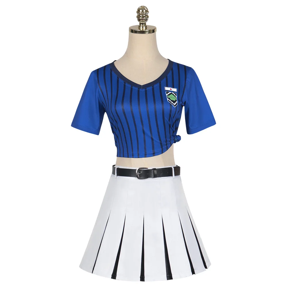 Disfraz de Anri Teieri para niñas, peluca de Anime con bloqueo azul, falda de escuadrón animadora de Carnaval y Halloween, uniforme de camiseta a rayas