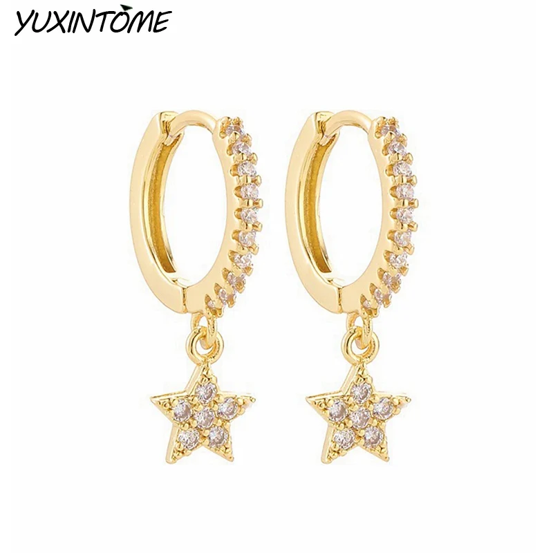 925 Sterling Silver Needle Fashion Shiny Zircon Star Dangle Hoop Earrings For Women Punk Hoop Earrings Trendy 2023 Jewelry