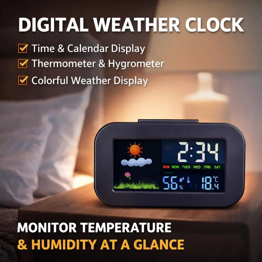 Mini Weather Forecast Digital Alarm Clock with Backlight Temperature Humidity Week Display Electronic LED Clock for Living Room
