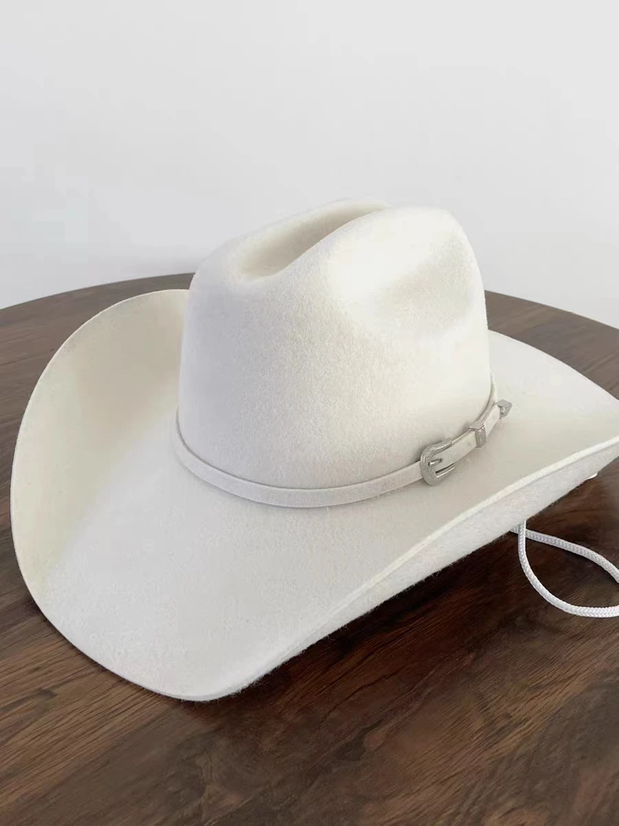 

White 100% Wool Denim Hat Women's and Men's Outdoor Fedora Jazz Hat Riding Horse Hat Fashion Western Cowboy Hat Belt Accessories