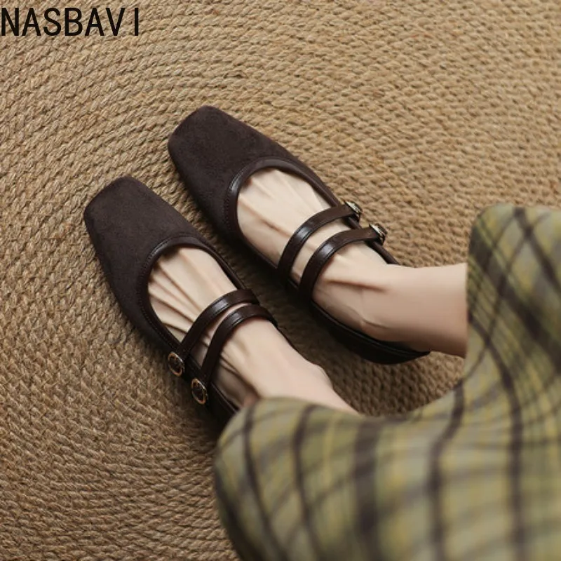 NASBAVI 2026 Fashion Women's Square Toe Double-breasted One-line Buckle Shallow Mouth Comfortable Low Heel Mary Jane Shoes