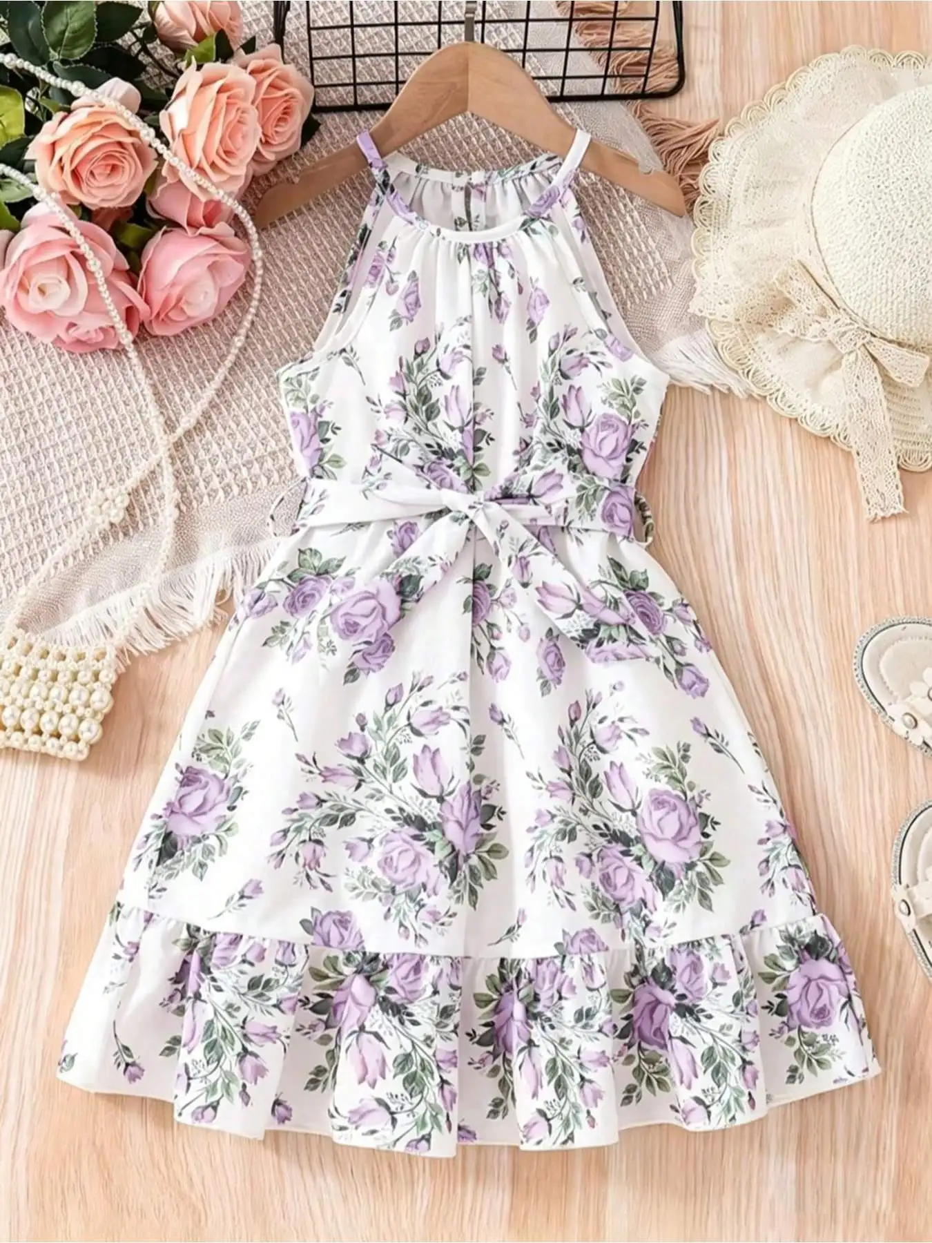 Kids Floral Print Dress Comfortable round Neck Sleeveless Suspender Mid-Length Children's Clothing with Waist Cinching Straps