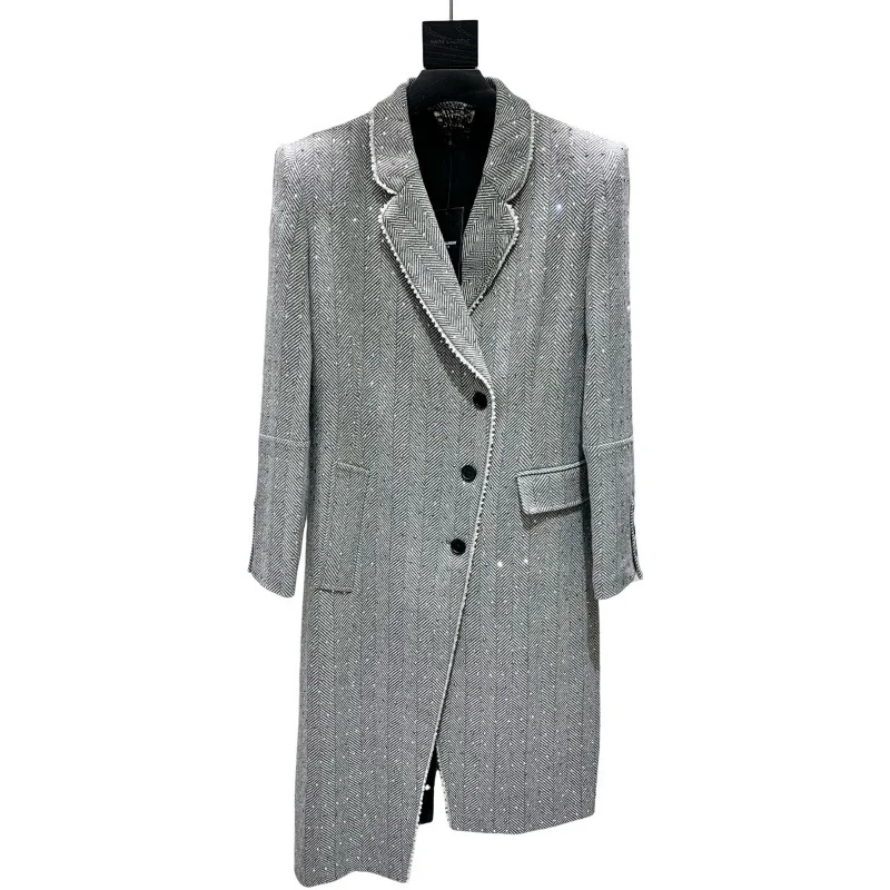 The new irregular diamond pearl coat imported Czech flash diamond handmade pearl line fashion real wool coat  blazer cinza