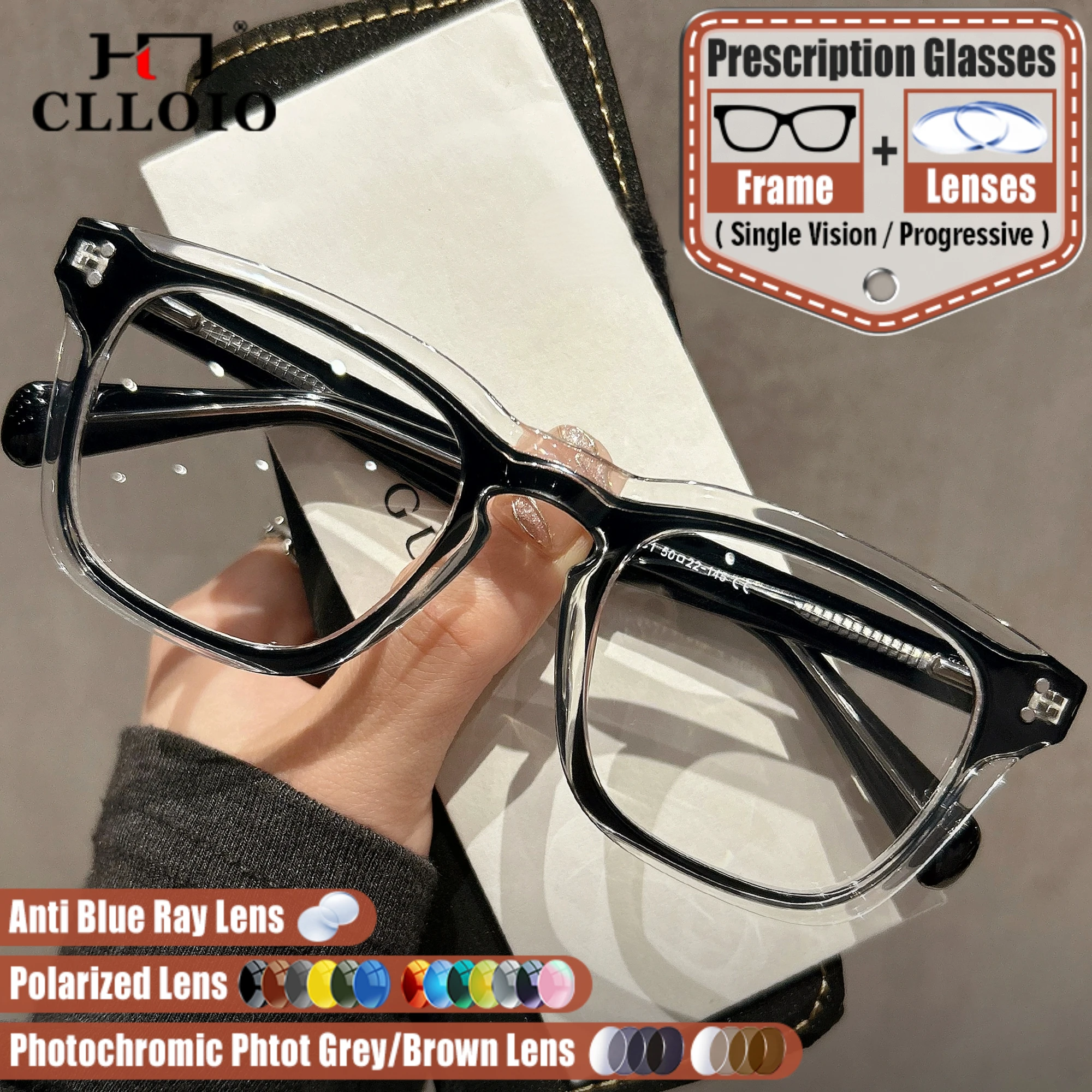 

CLLOIO Fashion Progressive Prescription Glasses Women Men Square Optical Myopia Eyeware Photochromic UV Protection Eyeglasses