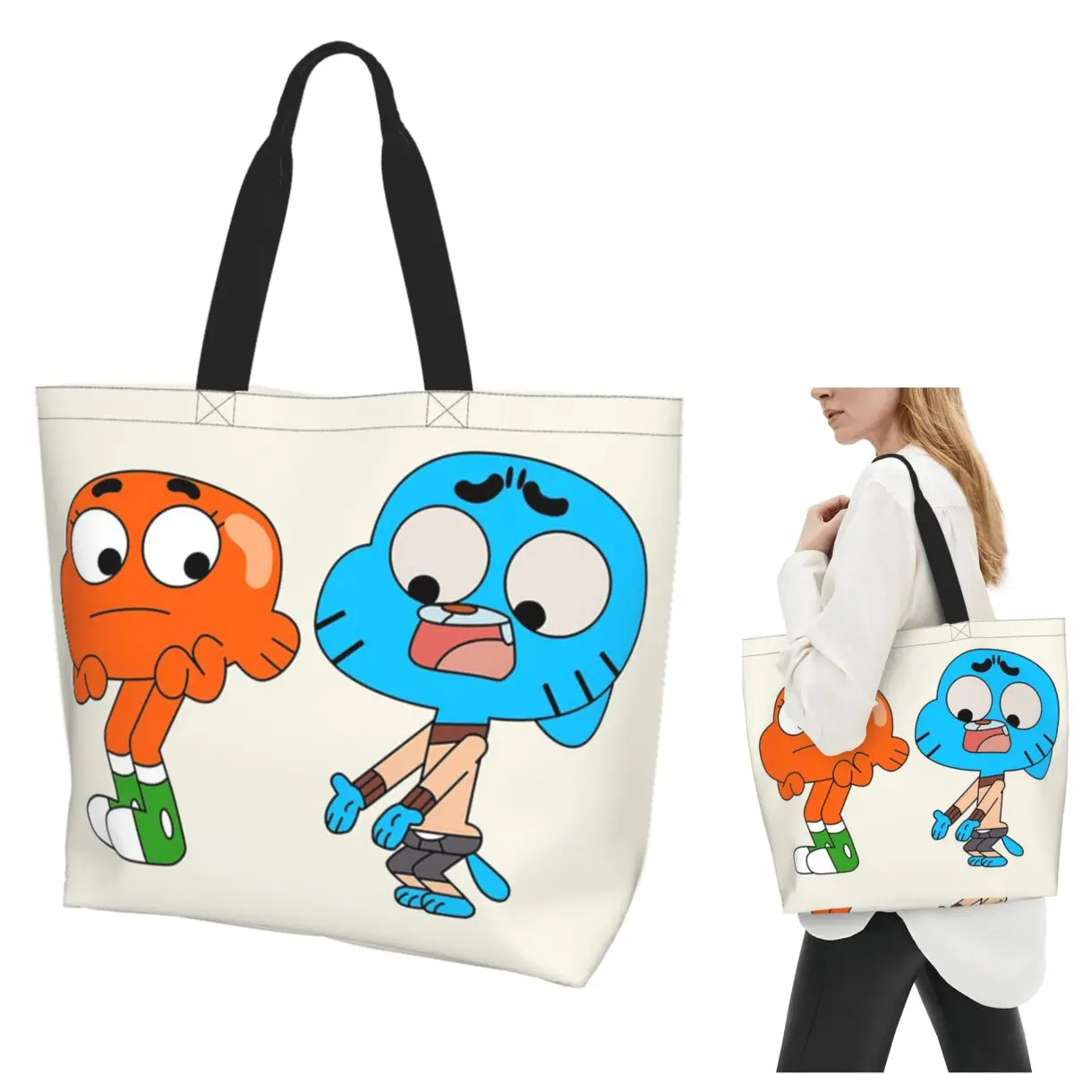 

Гамбол и Дарвин, что-то сумка для покупок, парусиновая сумка на плечо большой вместимости, продуктовая сумка для покупок для женщин