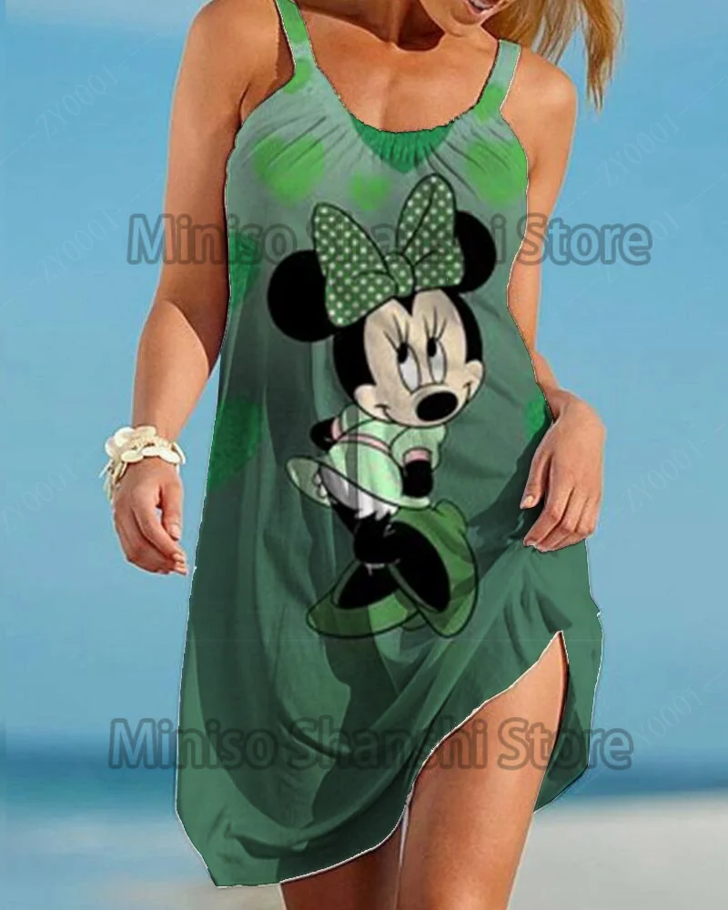 Fashionable Summer 2024 Disney Minnie Mouse Women's Dress Bohemian Dress Elegant Sleeveless Women's Sexy Mickey Beach Sling