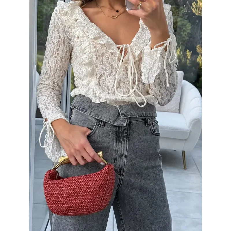 Women's Chic V-Neck Long Sleeve See-Through Solid Color Top Y2K Fashion Summer Sexy Layered Lace Top Transparent Clothing